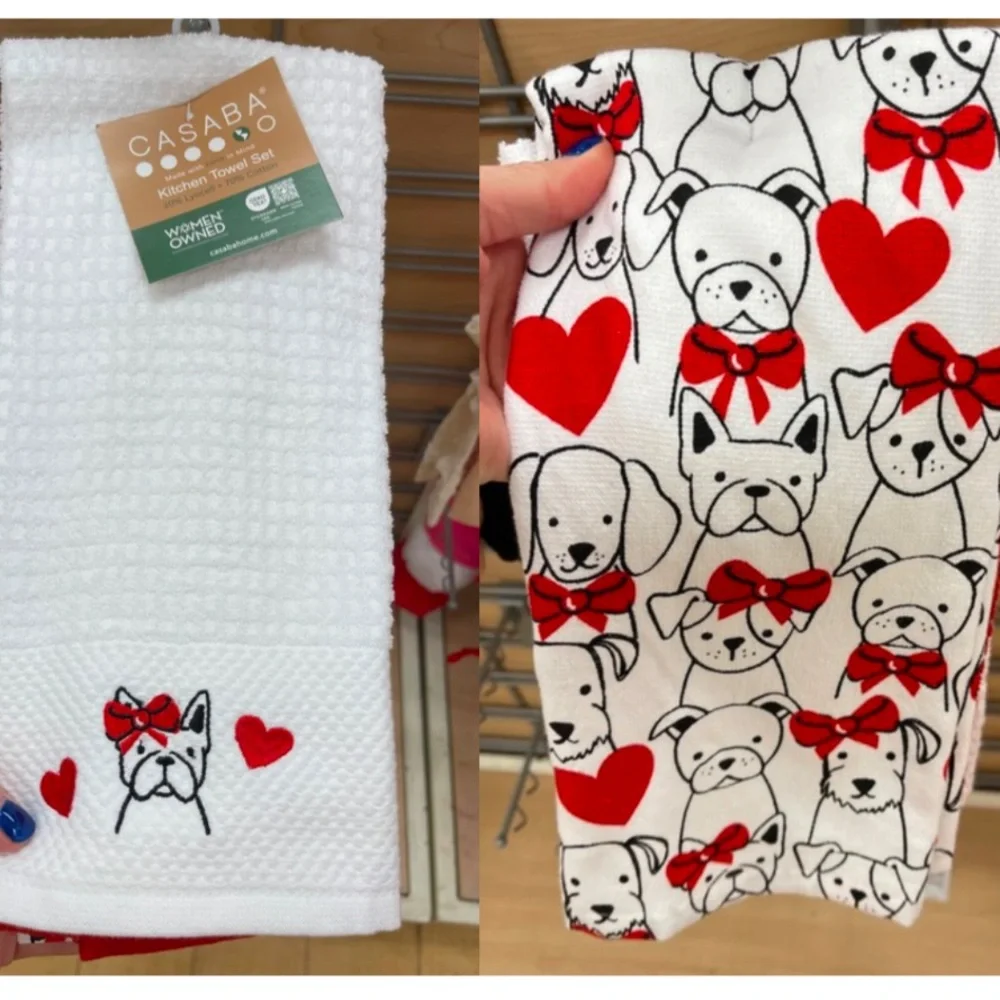 Valentine’s Day Dogs Frenchie Heart Dachshund Terrier Kitchen Towel set of 2 NWT